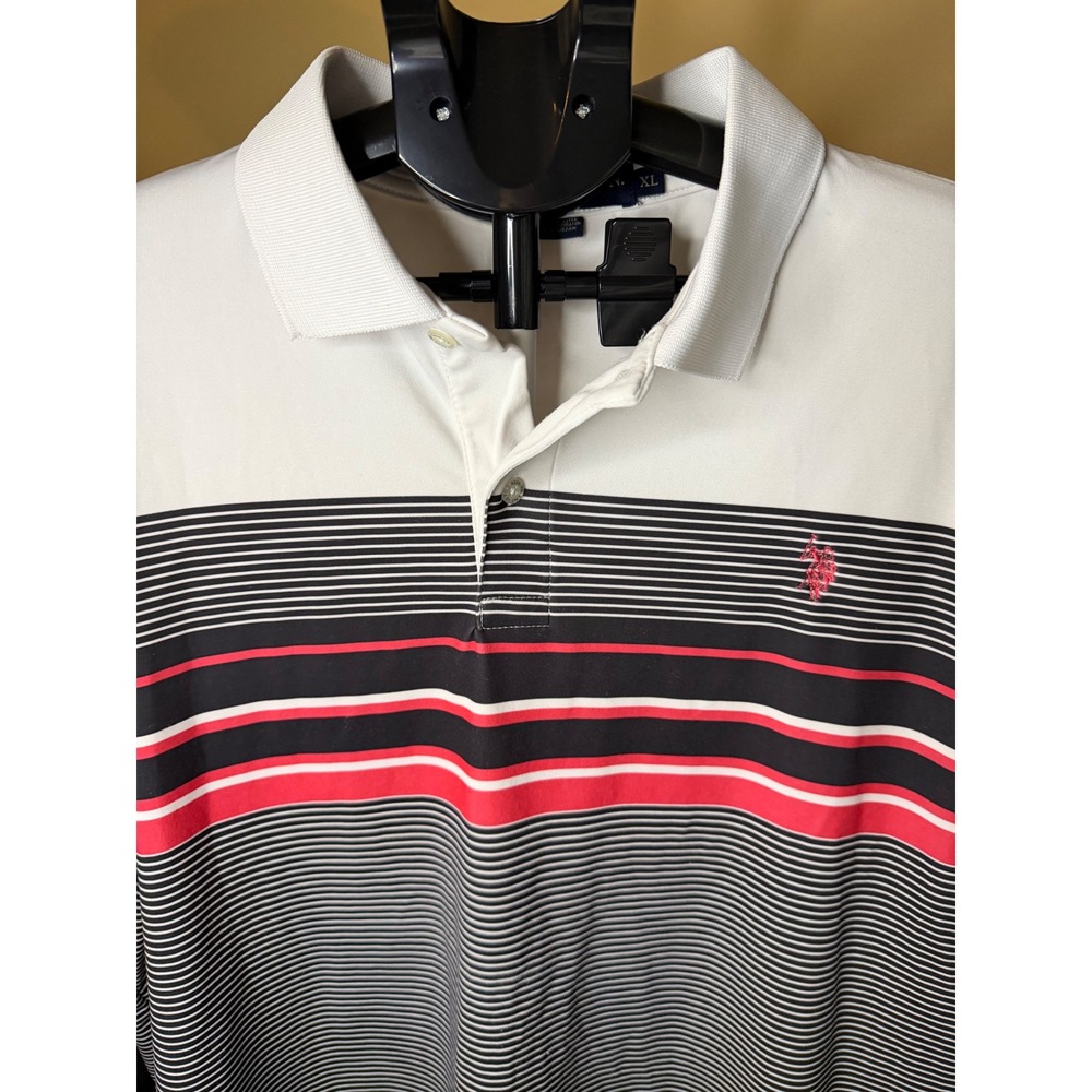 US Polo Assn Mens XL Polo Shirt White Black Red Striped Short Sleeve Performance